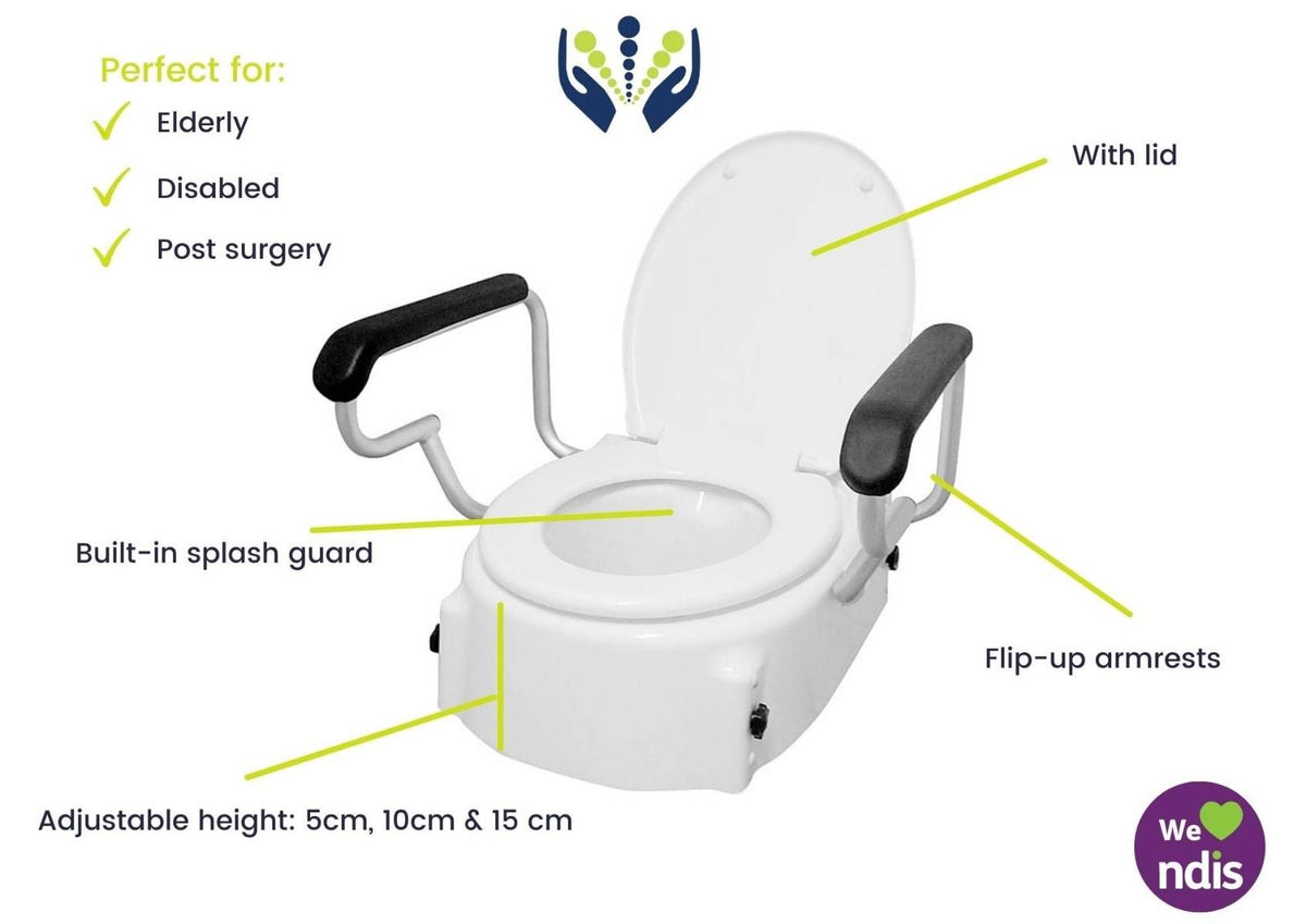 Adjustable Raised Toilet Seat with Flip-Up Armrests